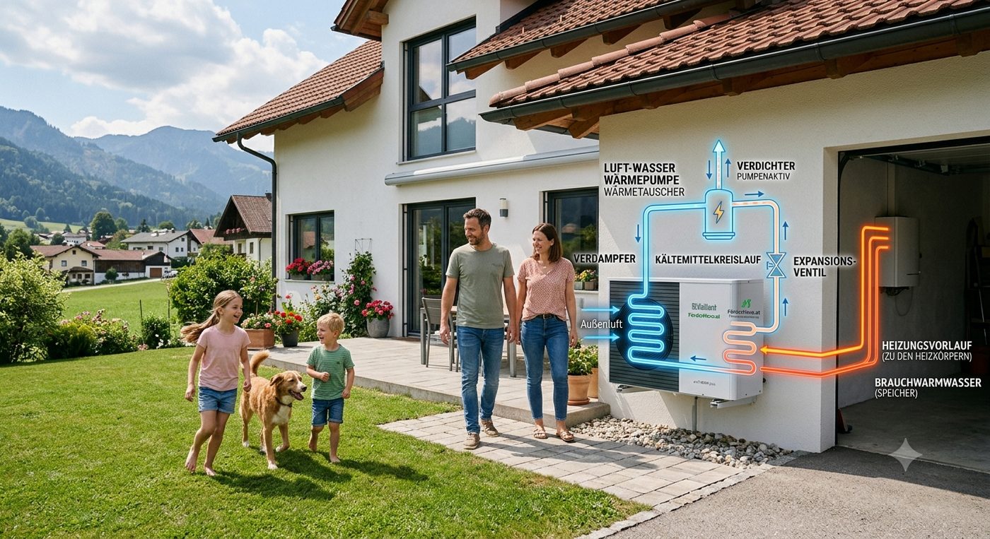 Familie vor Haus mit Luft-Wasser-Wärmepumpe