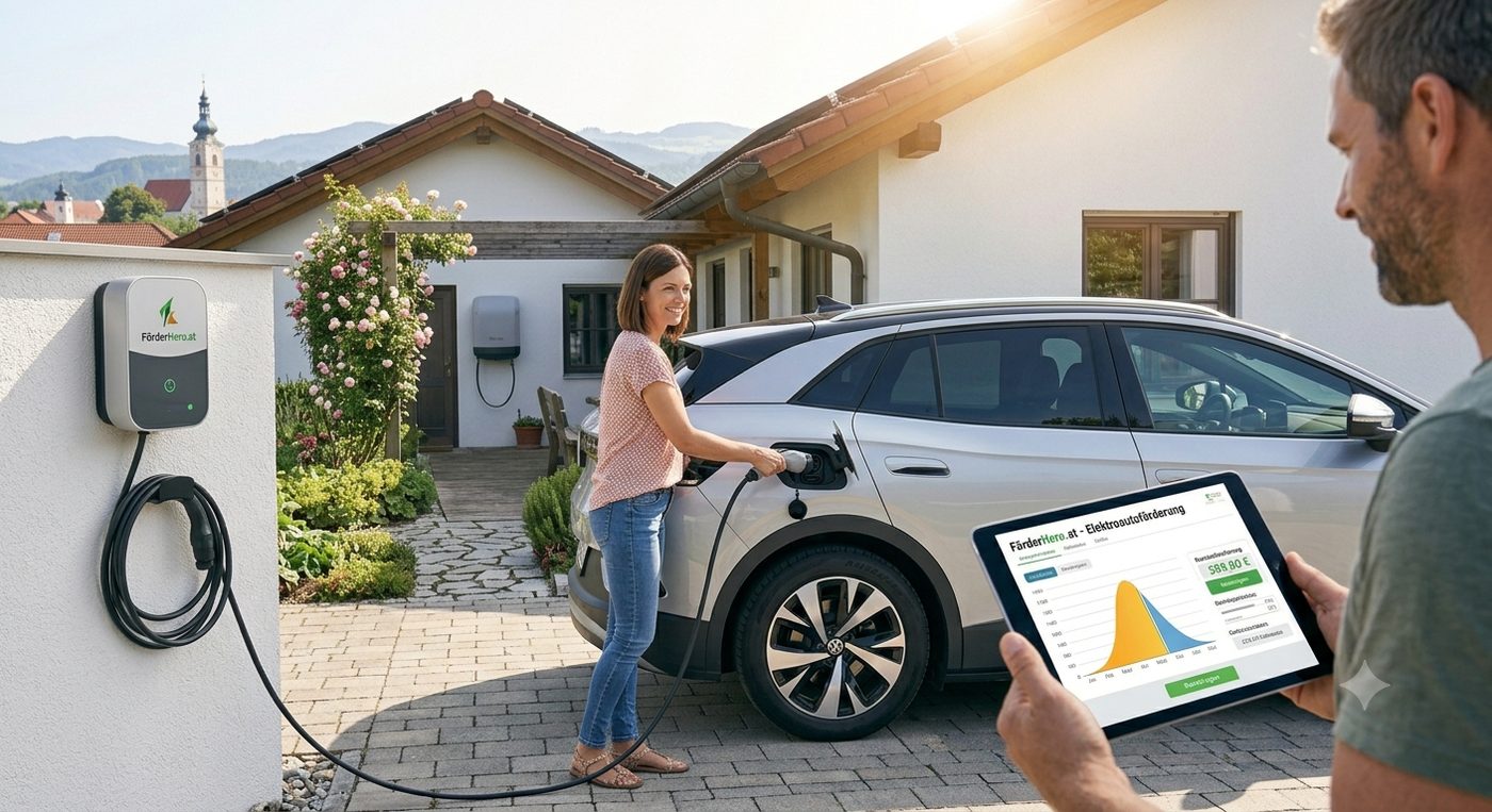 Paar lädt E-Auto an der Wallbox